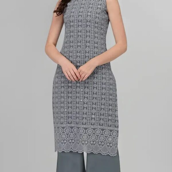 Women Grey Georgette Chikankari Embroidered Kurta Palazzo Set