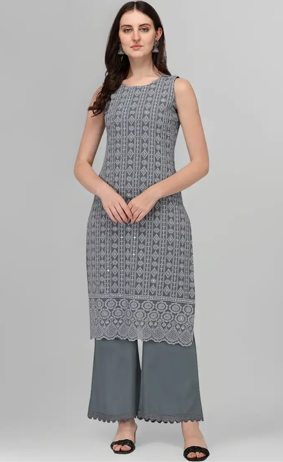 Women Grey Georgette Chikankari Embroidered Kurta Palazzo Set