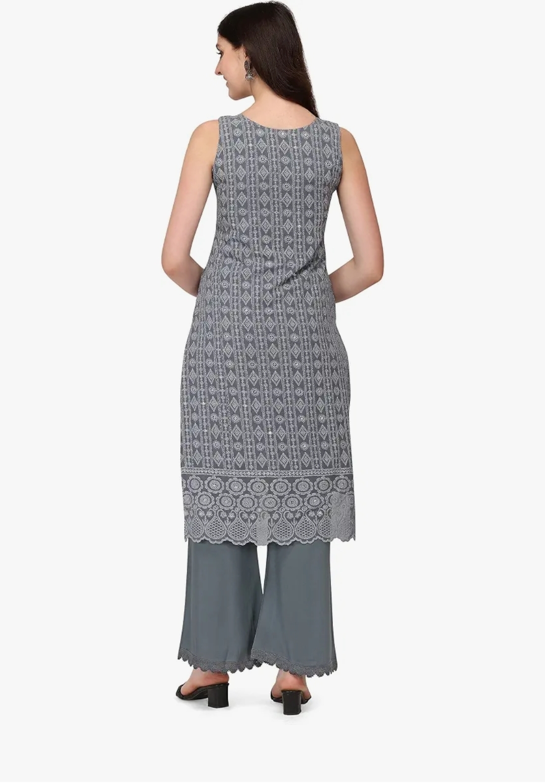 Women Grey Georgette Chikankari Embroidered Kurta Palazzo Set - Image 5