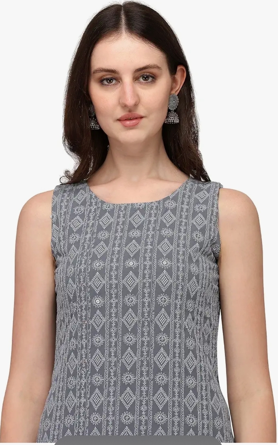 Women Grey Georgette Chikankari Embroidered Kurta Palazzo Set - Image 3
