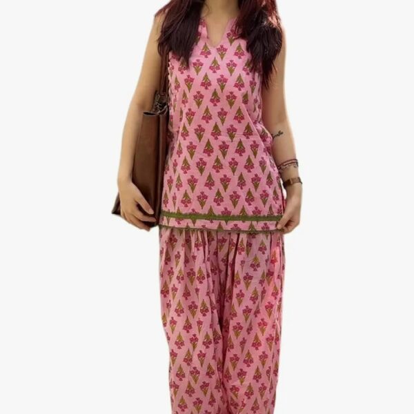 Women Pink Viscose Floral Printed Sleeveless Kurta Palazzo Set